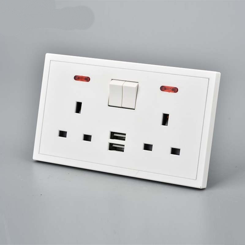 13A British Standard Double Electrical Wall Socket with USB, Indicator 2 Gang Switch